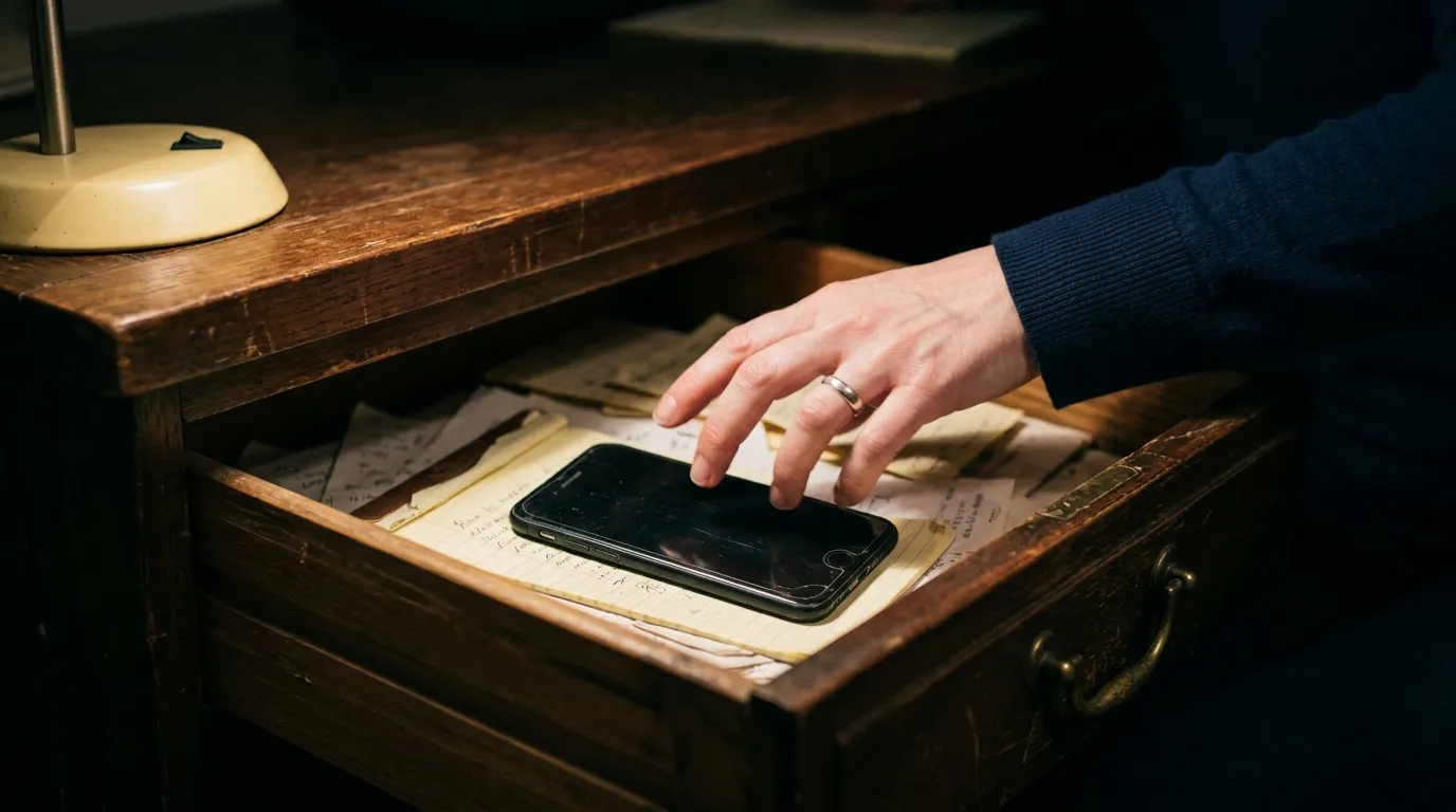 A trembling hand reaching into an open desk drawer to find a hidden, scratched black smartphone.