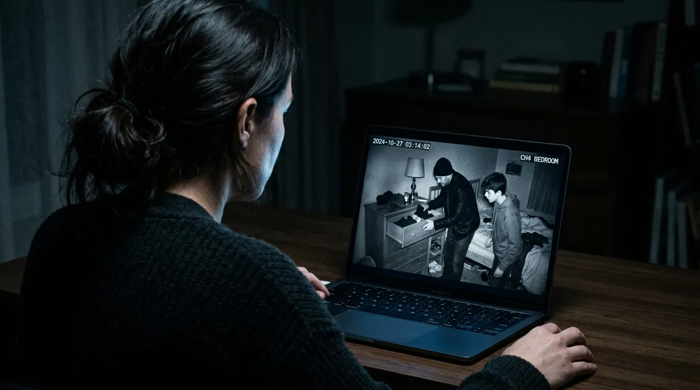 A woman in a dark room looking at security camera footage on her laptop