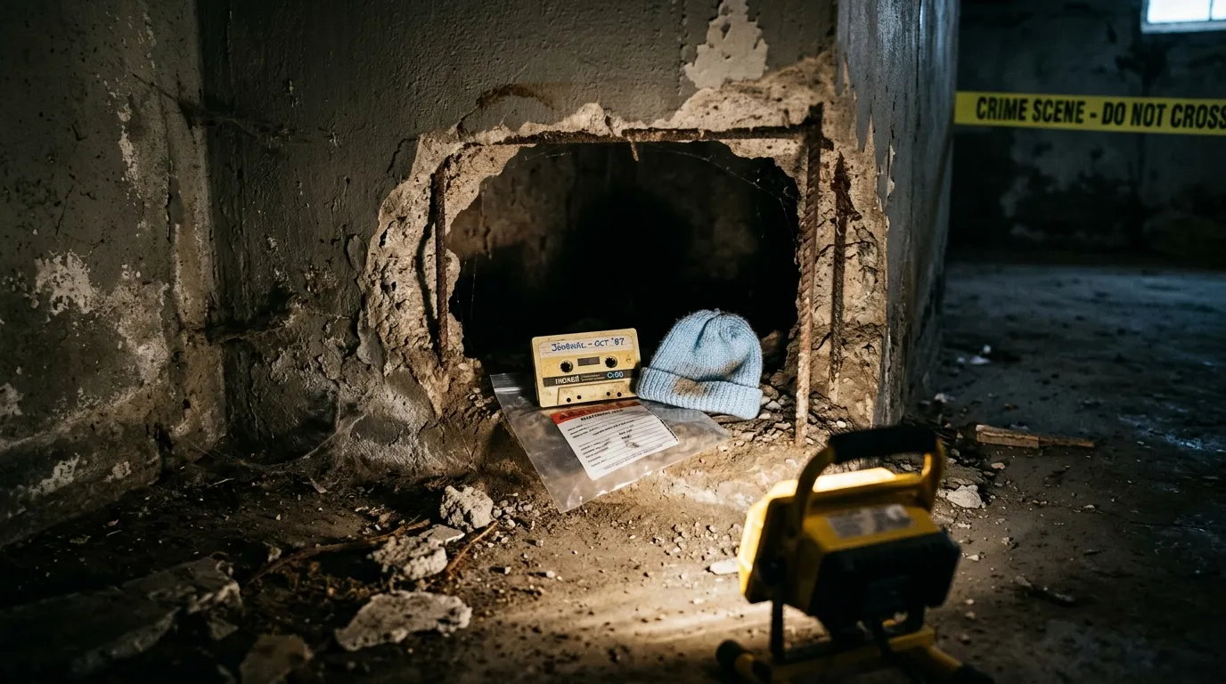 A dusty vintage cassette tape and a blue baby cap illuminated by a work light in a concrete basement