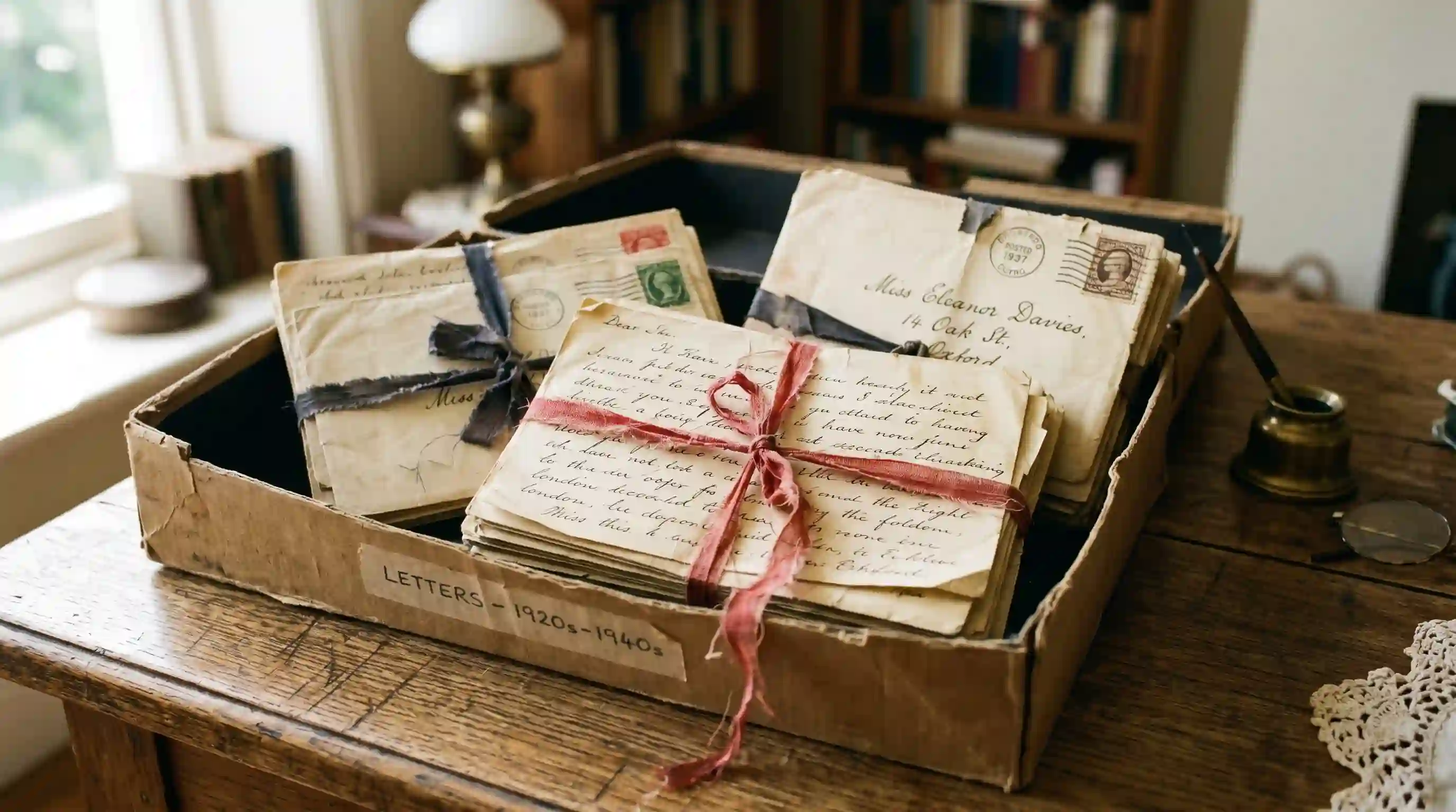 A dusty box filled with bundles of old letters tied with ribbon