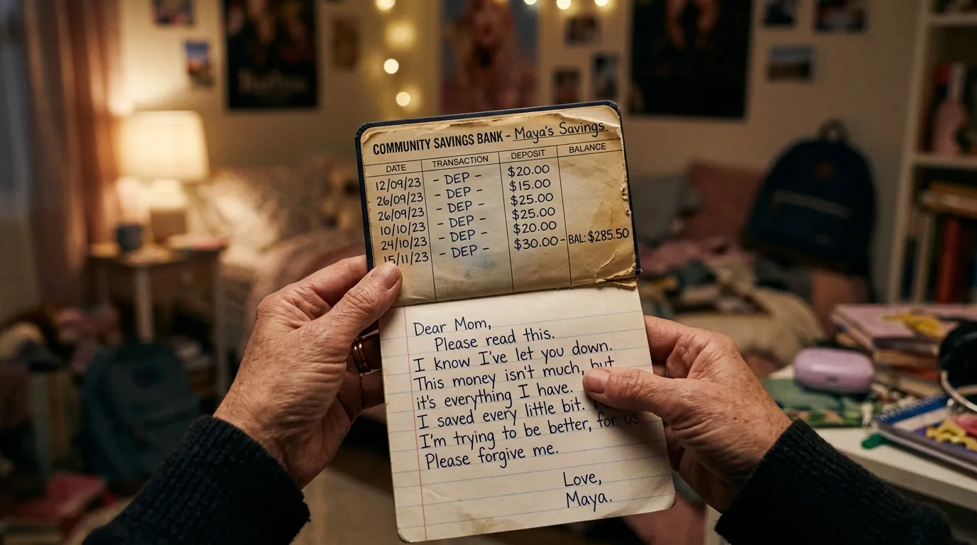 A woman's trembling hands holding an open bank passbook and a handwritten note