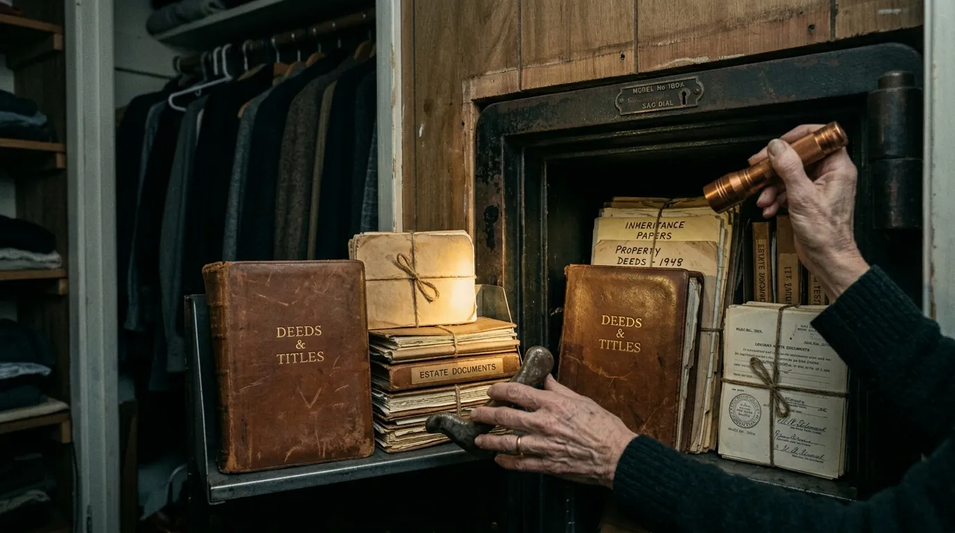 A woman's hands pulling old legal documents from a hidden wall safe