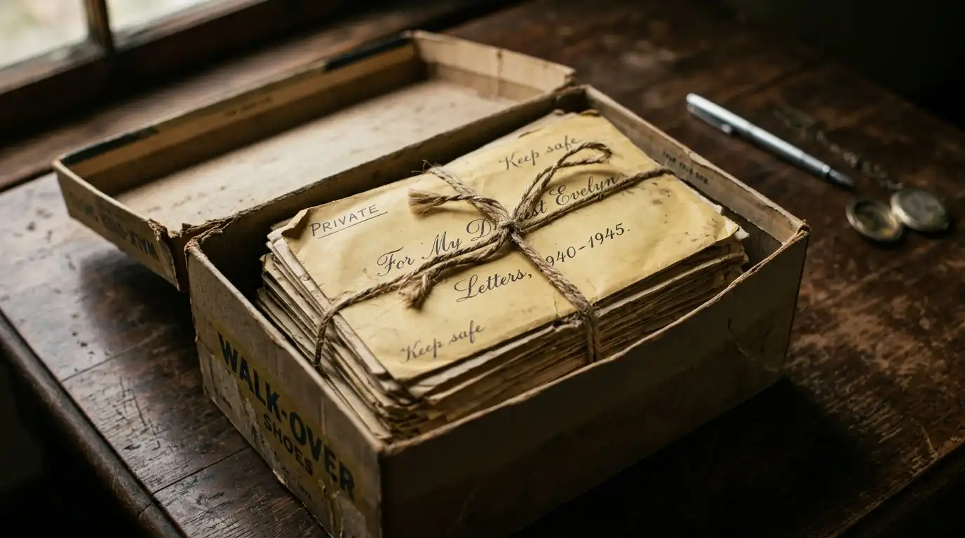 A dusty shoebox filled with dozens of aged, yellowed envelopes tied with twine.