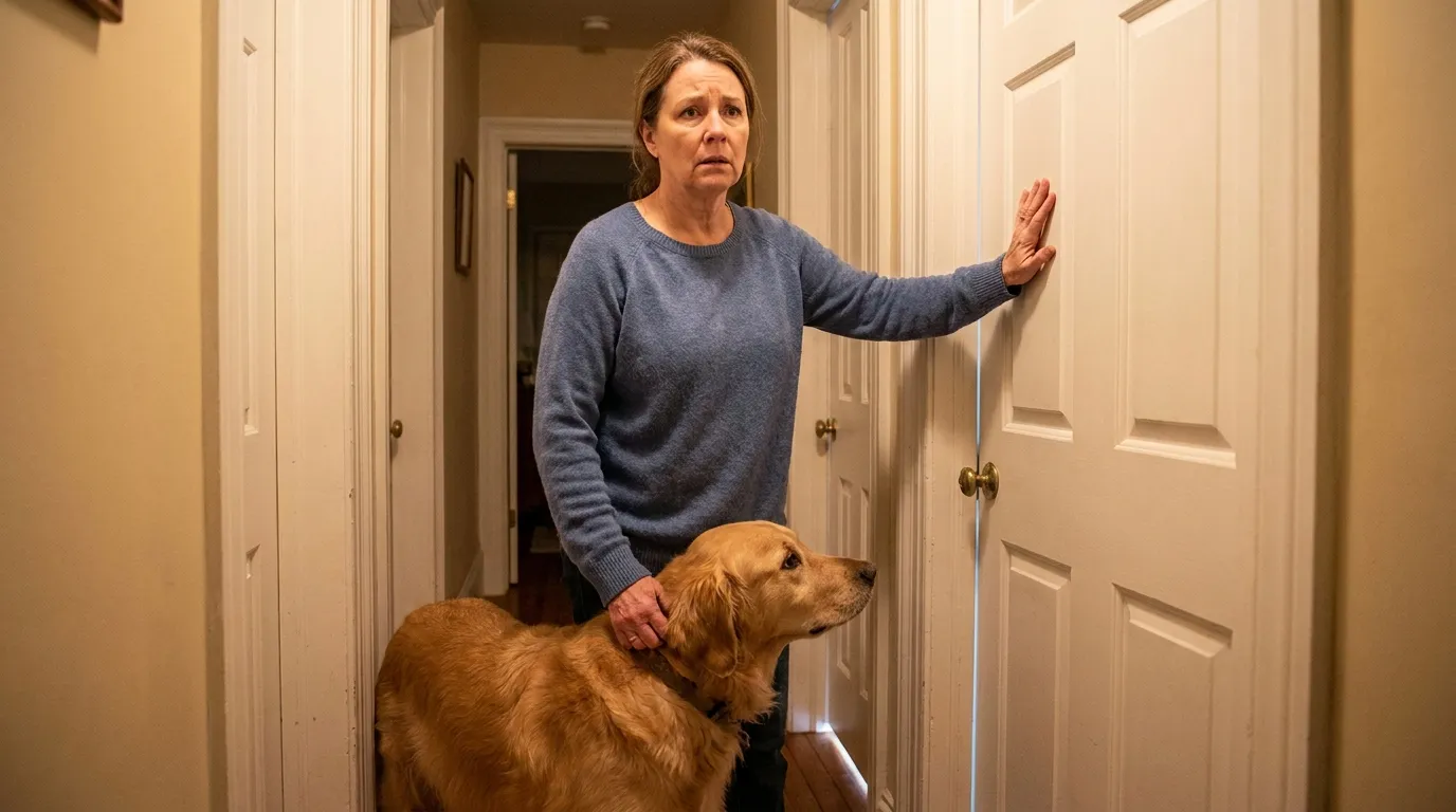 Homeowner keeping a golden retriever safe behind a closed door