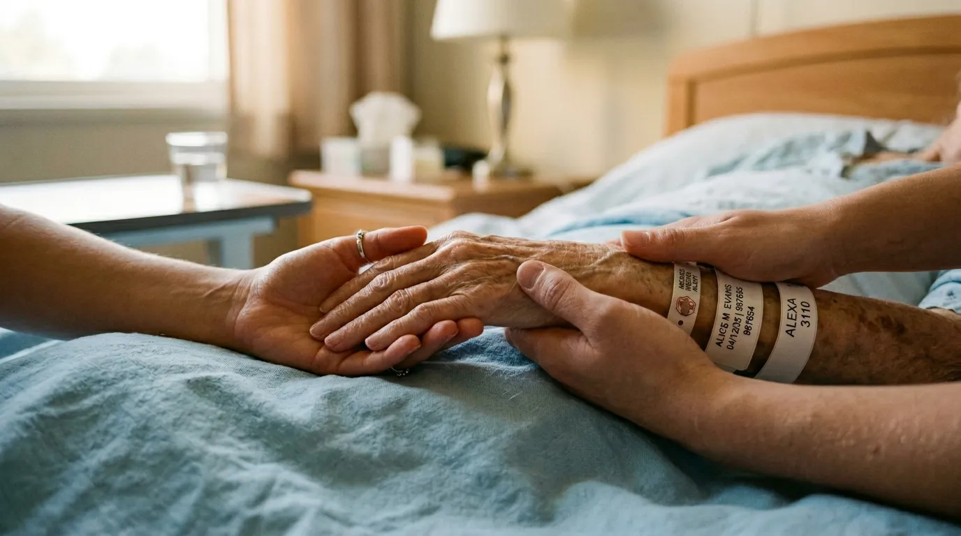 Close up of a young woman's hands holding an elderly woman's hand in a hospital bed