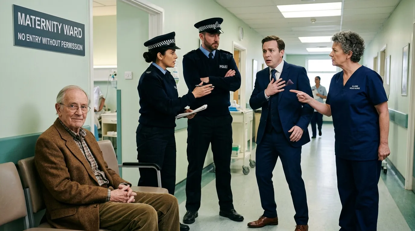 Police officers and a nurse confronting an arrogant man in a suit while an elderly man sits calmly nearby.