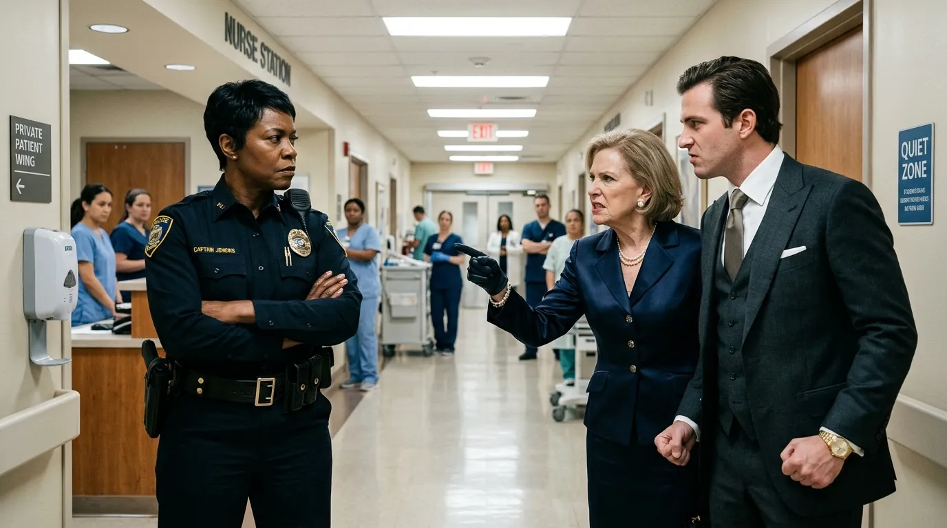 A stern police officer blocking an arrogant family in a hospital hallway