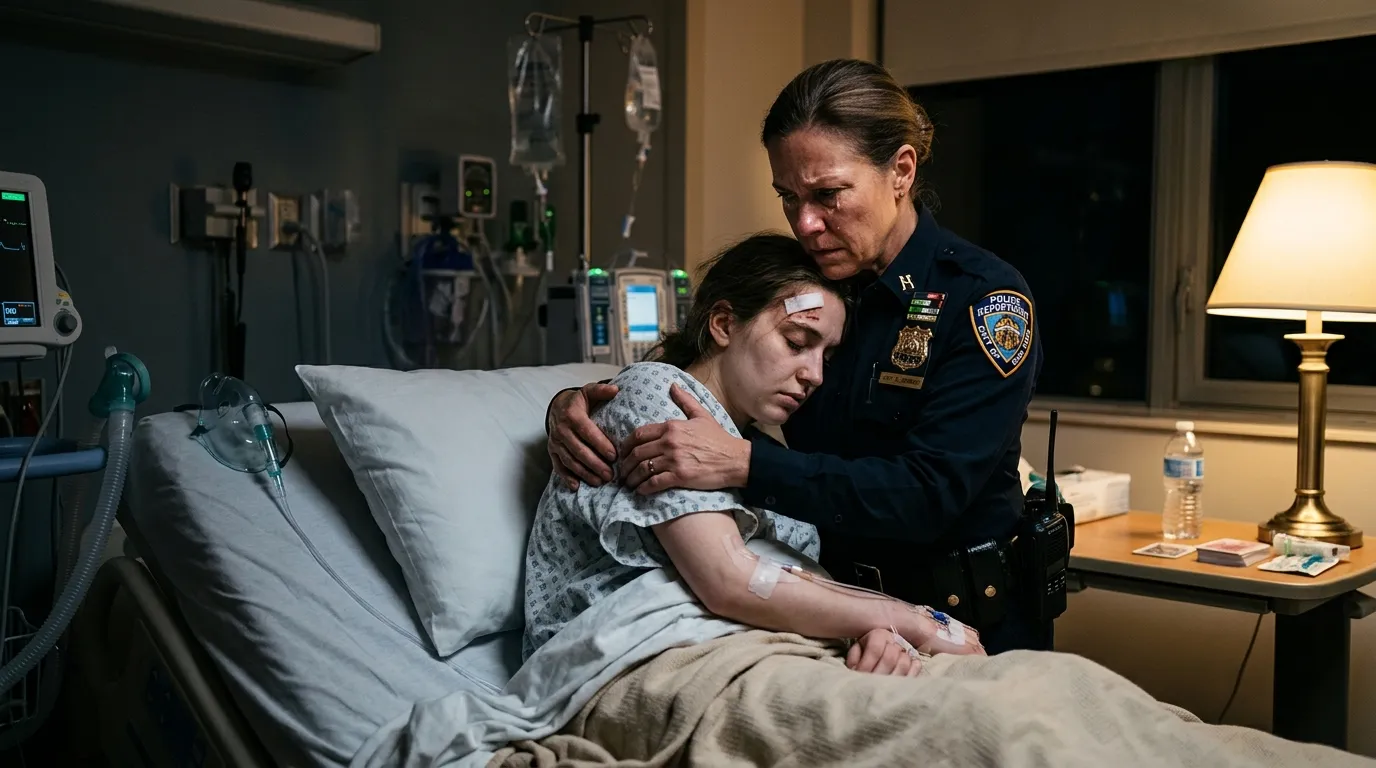 A female police captain comforting her injured daughter in a hospital bed