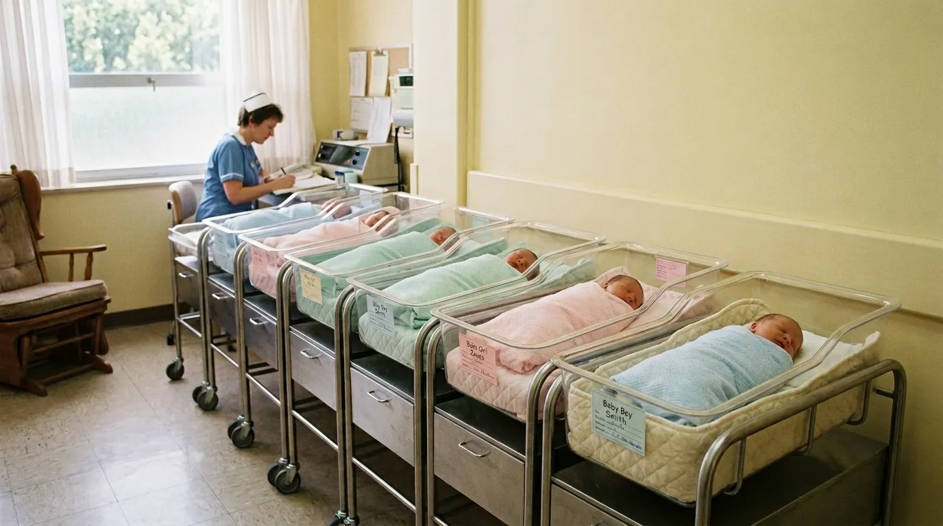 Eight tiny newborn babies resting peacefully in a row of hospital bassinets