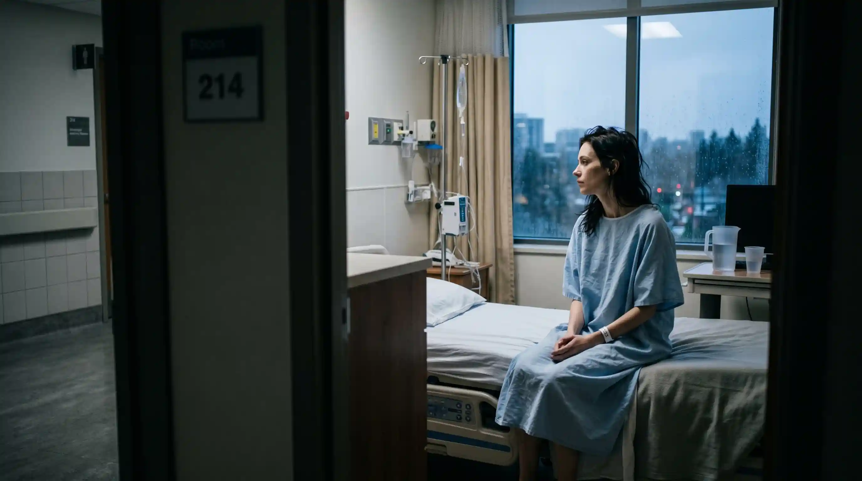 A fragile woman in a hospital gown looking out of a hospital window