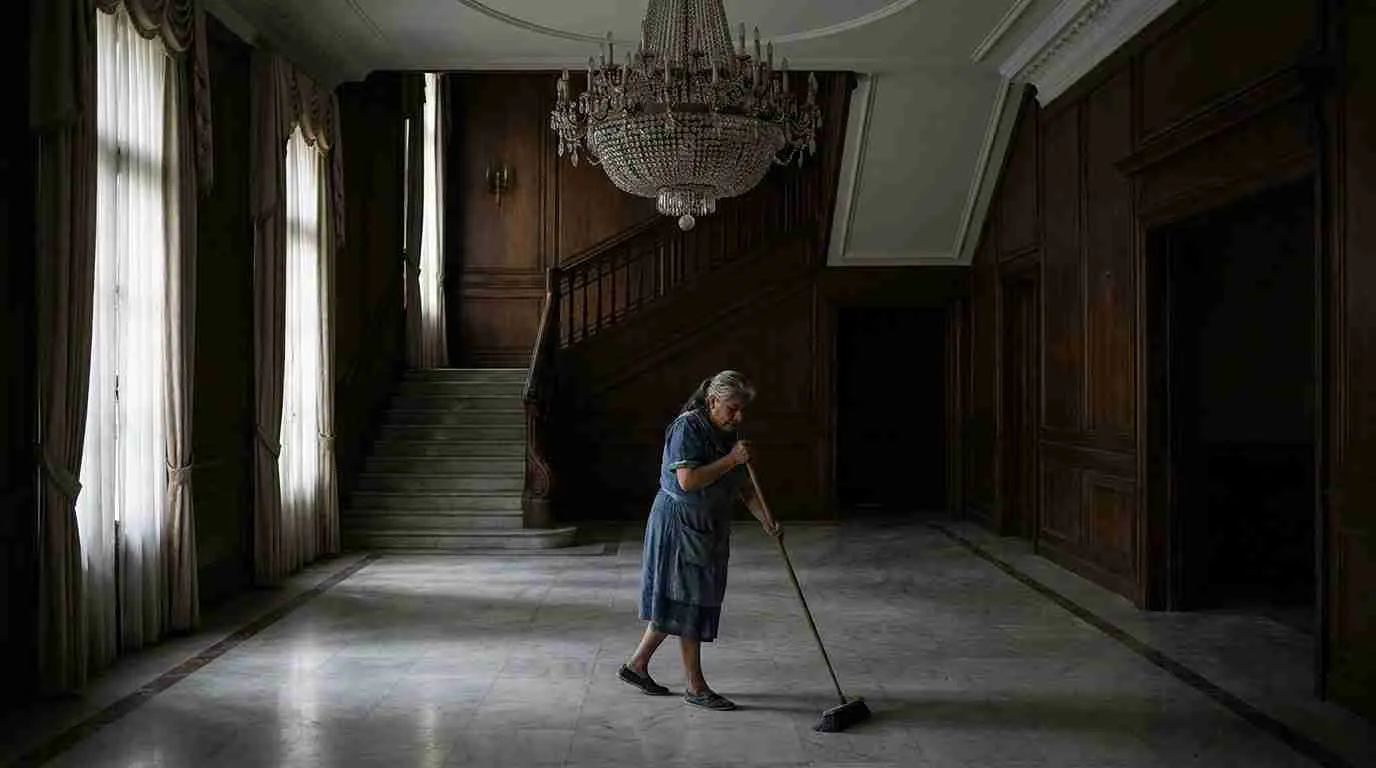 Housekeeper cleaning an empty luxury mansion