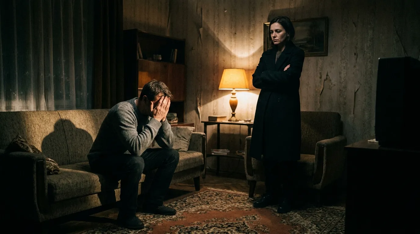 Husband collapsing in a dark living room as wife confronts him