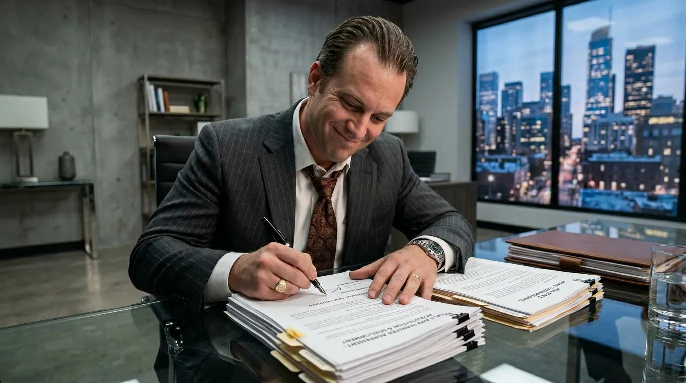 Greedy husband signing real estate documents