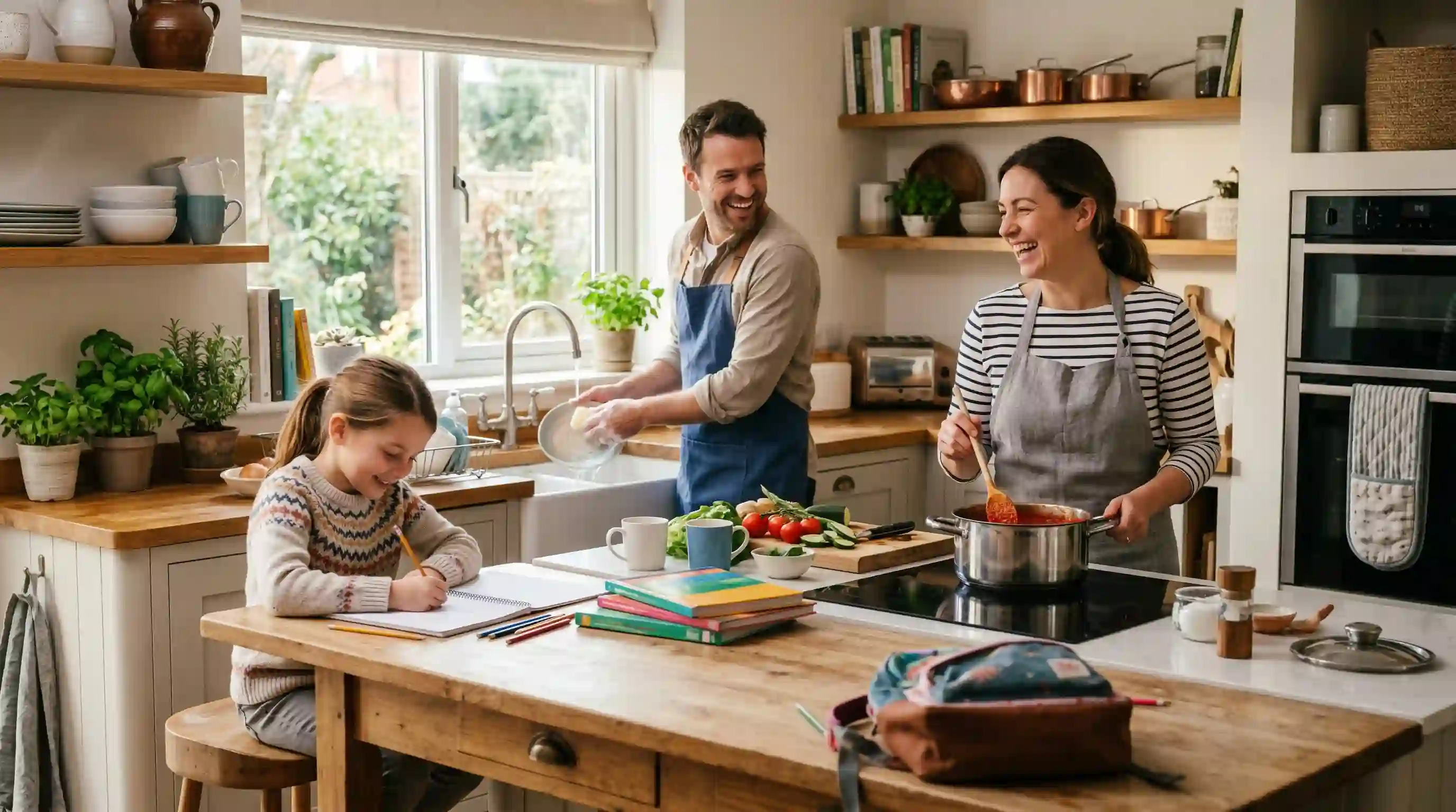 A husband and wife happily cooking and cleaning together in a warm kitchen.