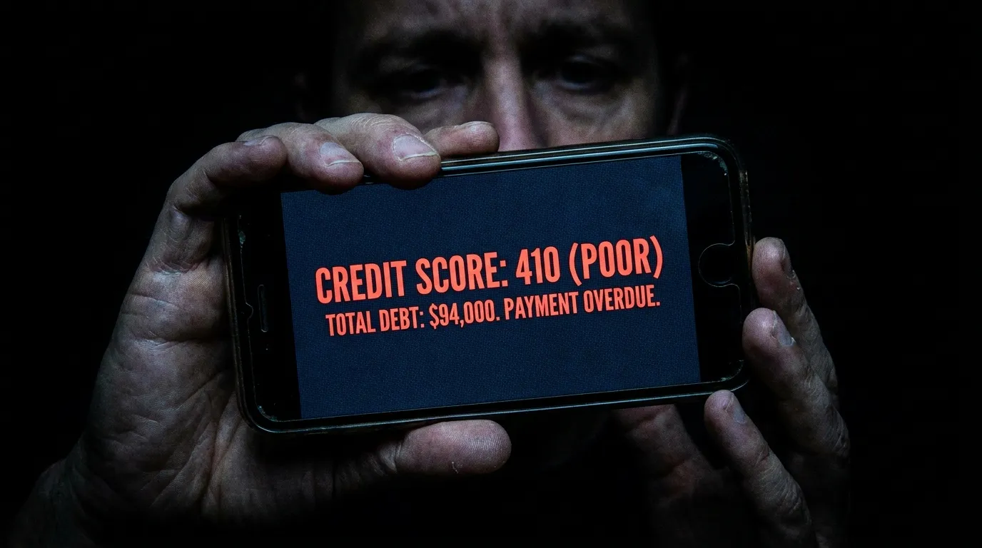 Smartphone screen showing a 410 credit score and $94,000 in debt