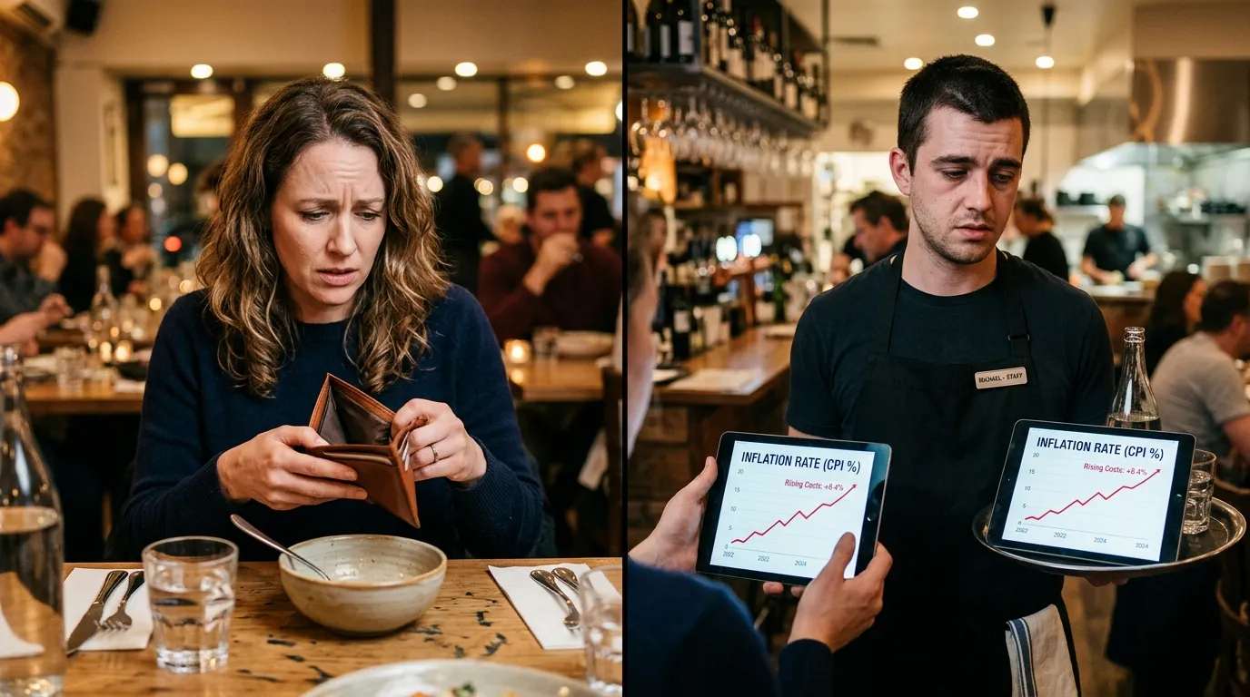 A split screen showing a stressed customer checking their wallet and a stressed server holding a tray