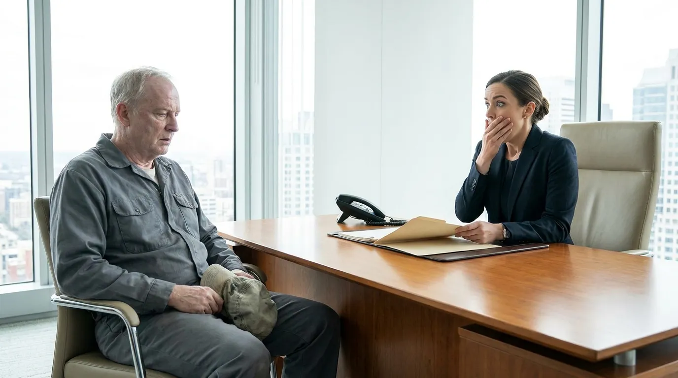 An older janitor and young CEO sitting across from each other in a tense, brightly lit office.