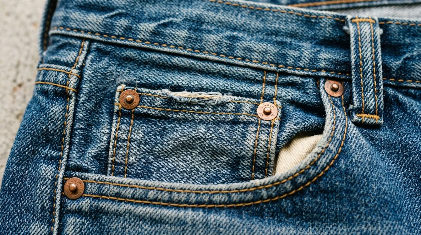 Close-up of the small inner watch pocket on a pair of blue jeans