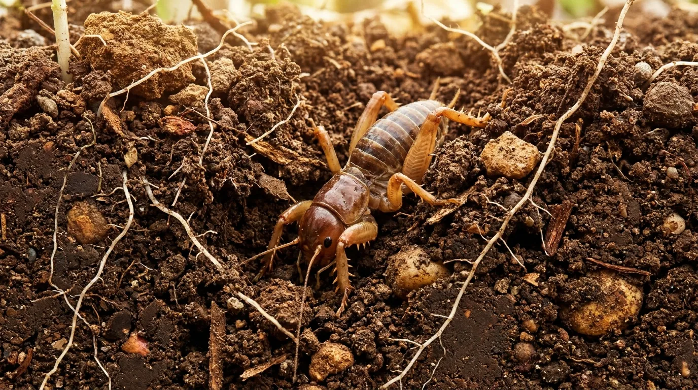 Jerusalem cricket burrowing down among plant roots