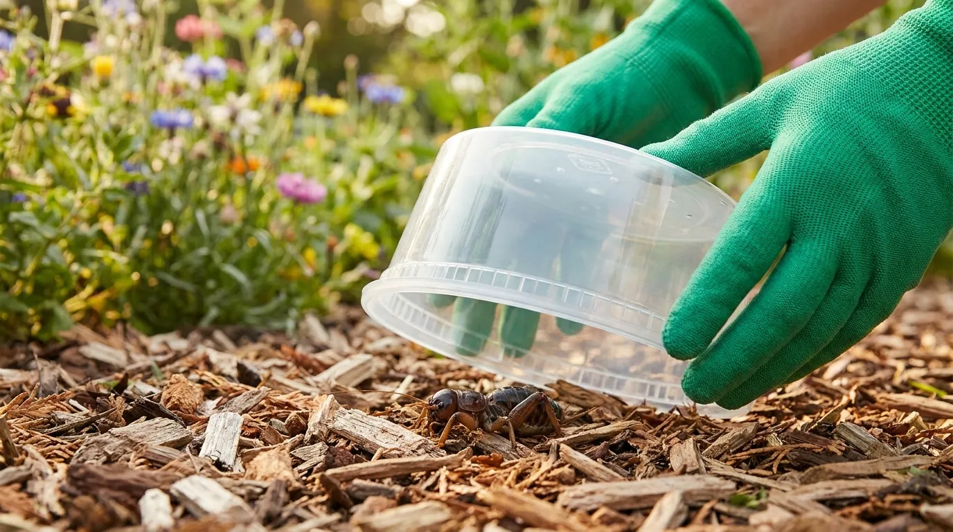 A gardener safely catching a Jerusalem cricket with a plastic container to relocate it