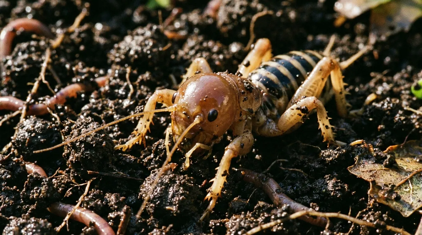 A close-up of a Jerusalem cricket emerging from rich garden soil