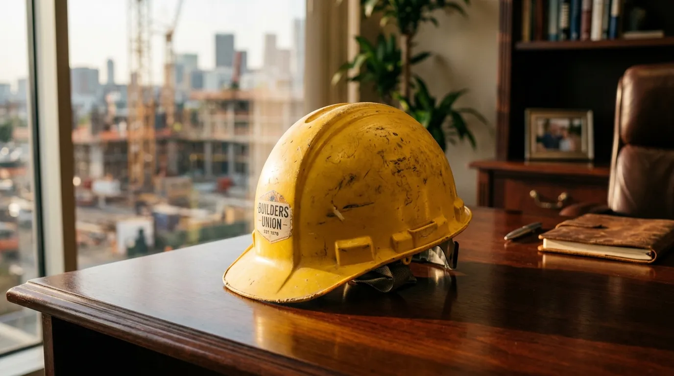 A scuffed yellow construction hard hat resting on a wooden desk