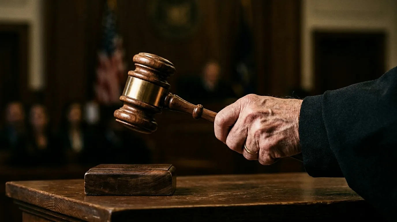 Close-up of a judge's hand holding a wooden gavel poised to strike.