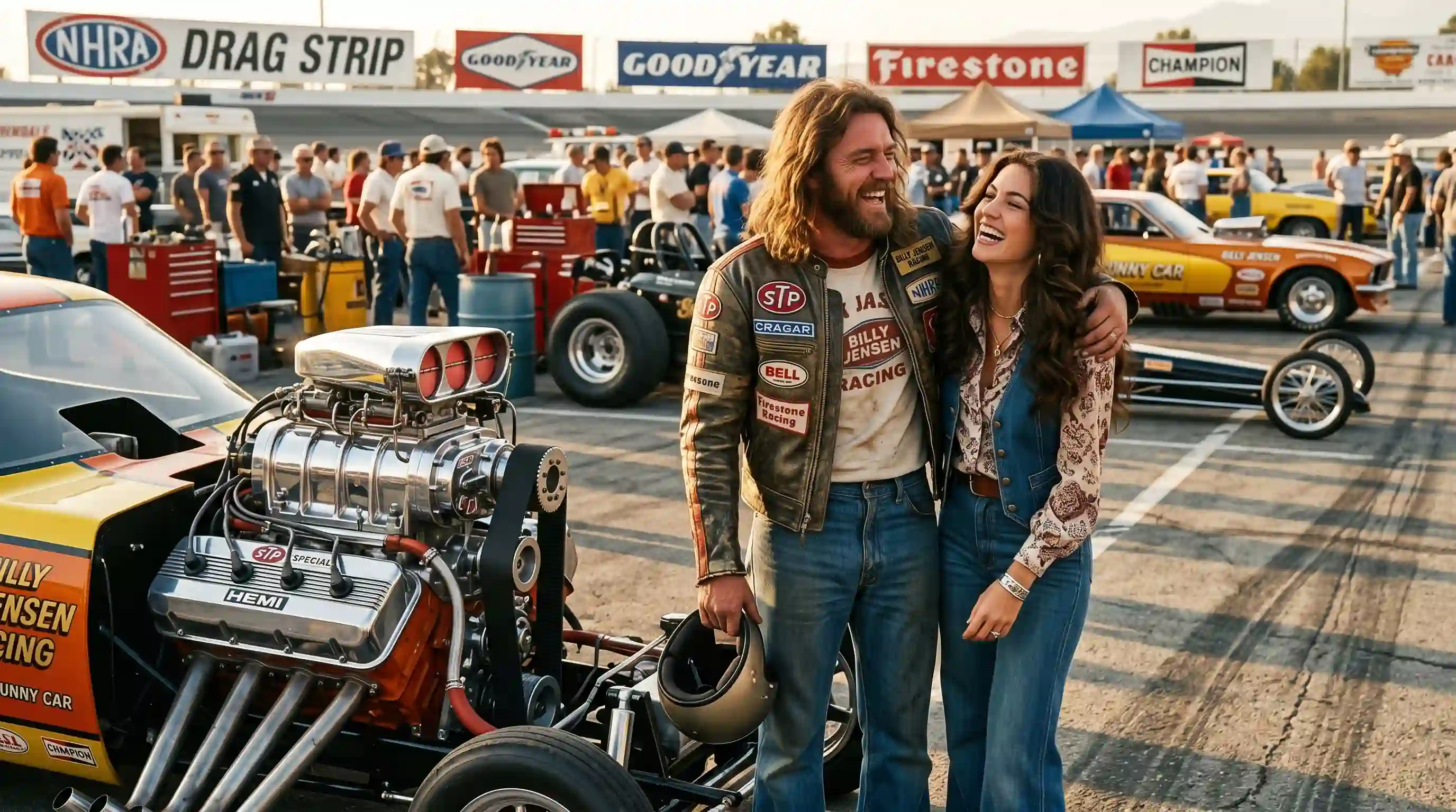 A long-haired male drag racer and a beautiful woman laughing next to a car engine