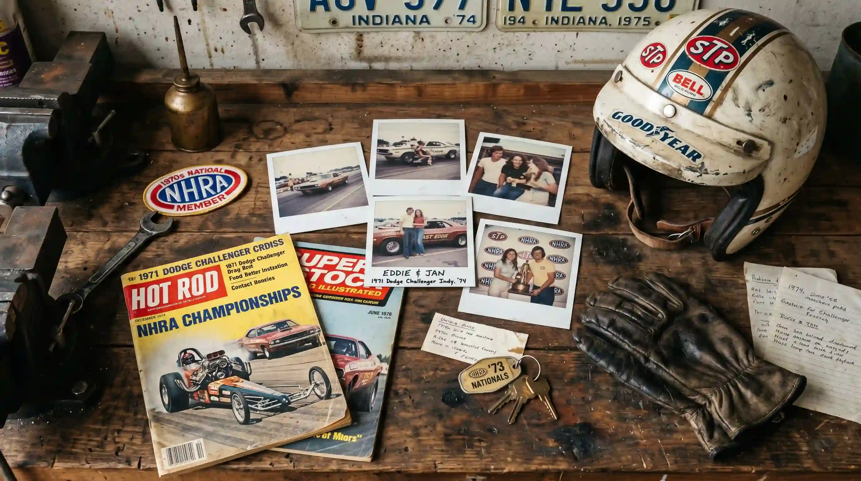 Faded 1970s polaroid photos of a drag racing couple and vintage magazines on a workbench