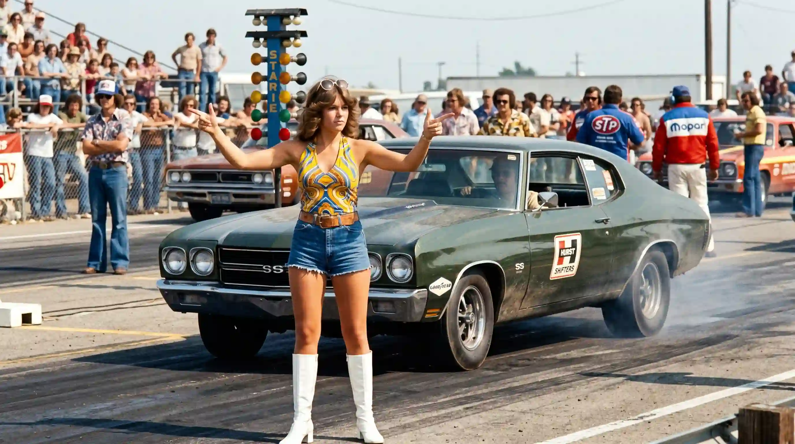 A young woman in 1970s fashion confidently directing a vintage muscle car on a race track