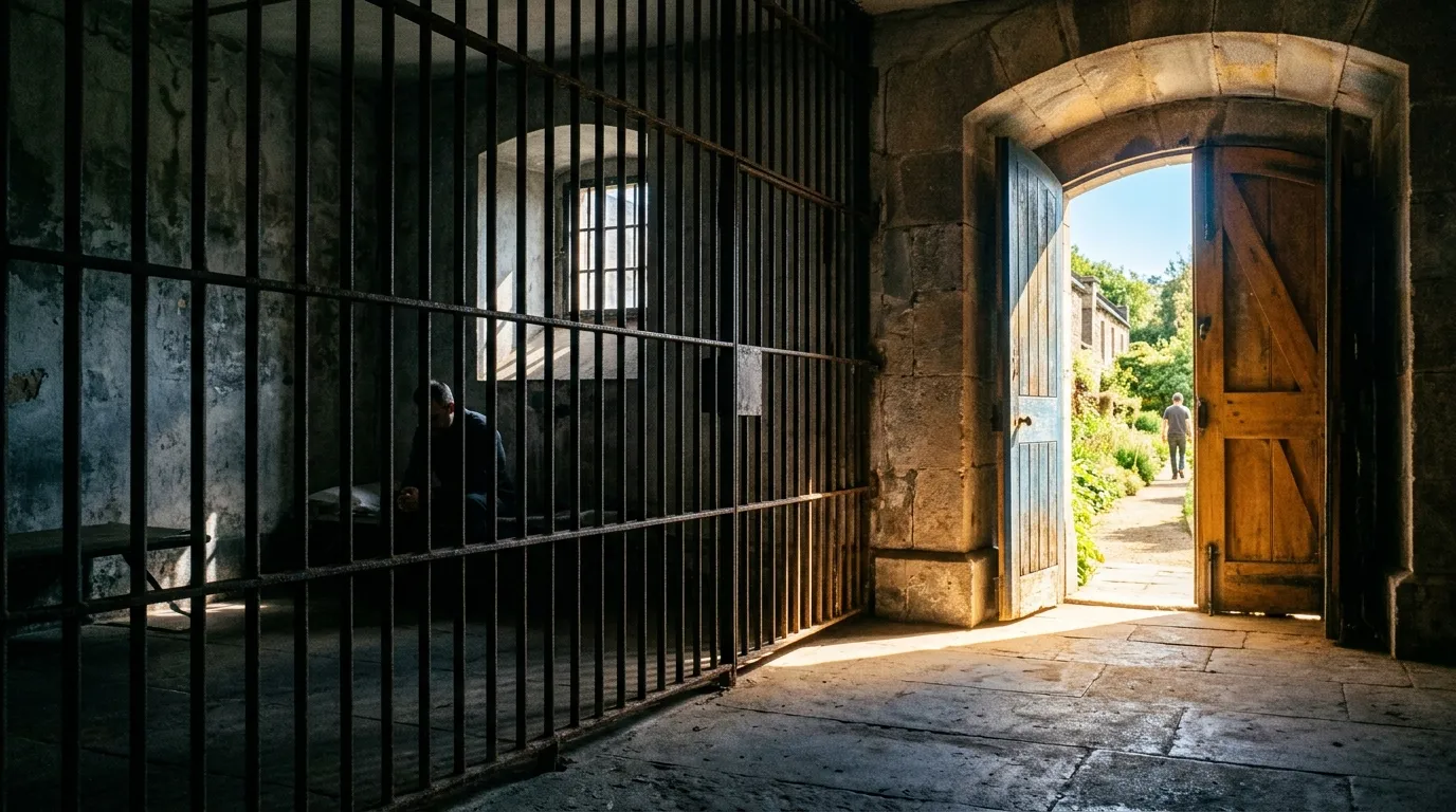 Conceptual split image showing prison bars on one side and a hopeful beam of light on the other.