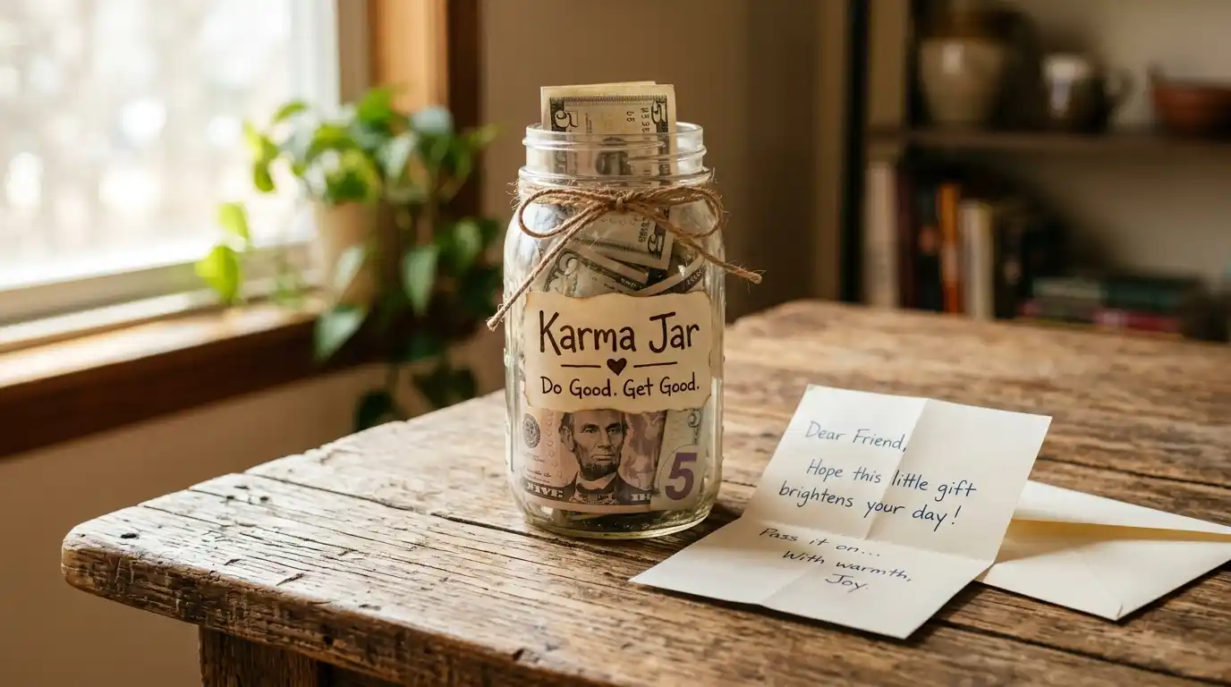 A handwritten letter next to a glass jar filled with cash labeled Karma Jar