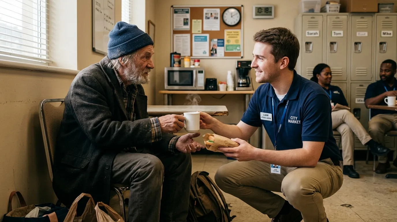 A young store administrator handing a homeless man coffee and a sandwich