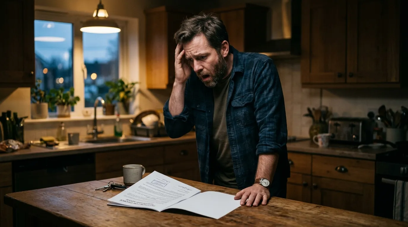 A father looking in shock at a DNA test document on a kitchen table
