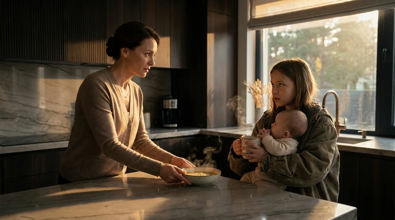 Wealthy woman feeding a little girl and a baby in a luxury kitchen