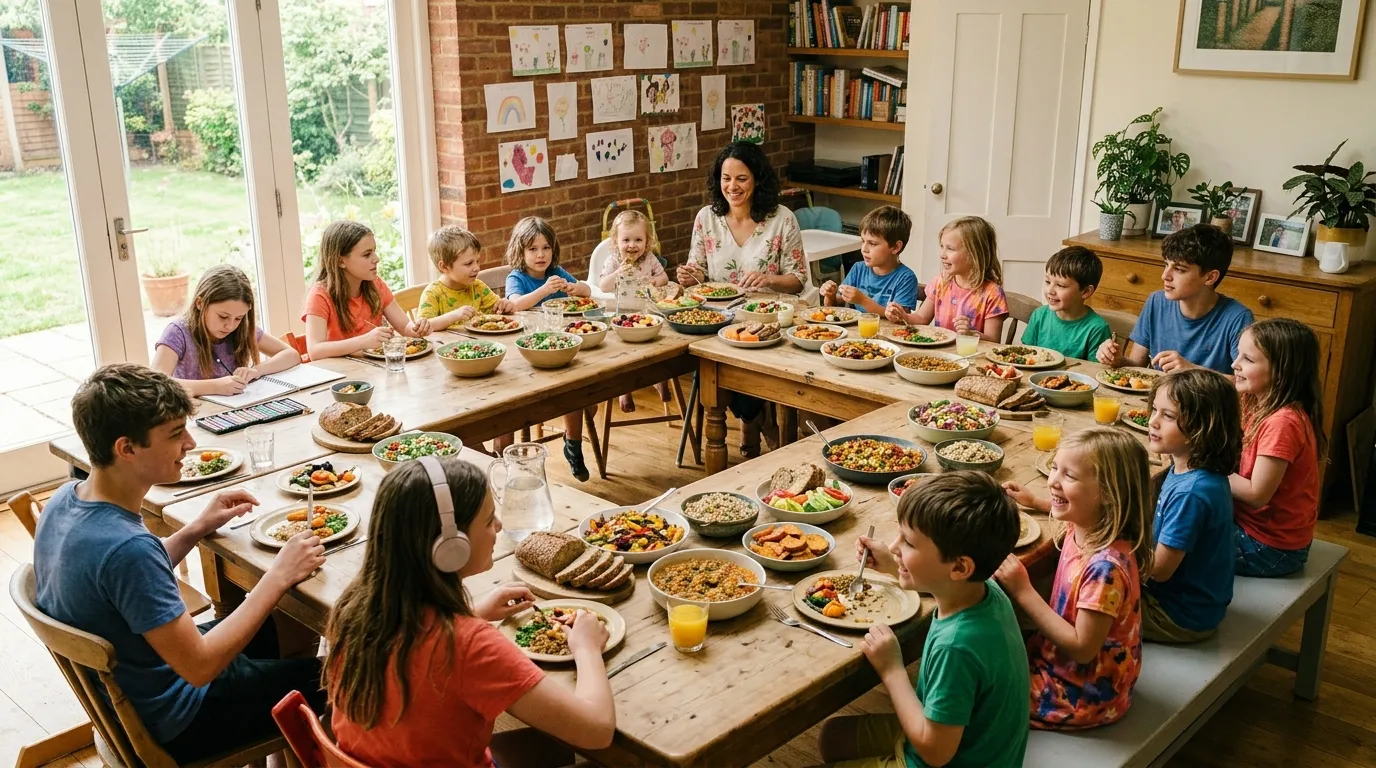 A large family sitting around a dining table enjoying a healthy meal together