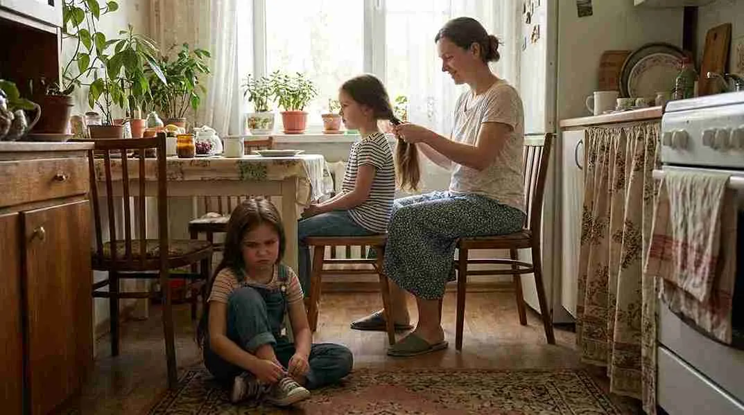 Mother braiding her daughter's hair in a sunlit kitchen