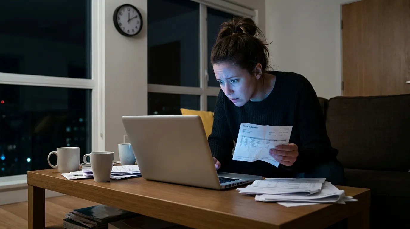 A woman sitting in the dark late at night, investigating financial records on her laptop.