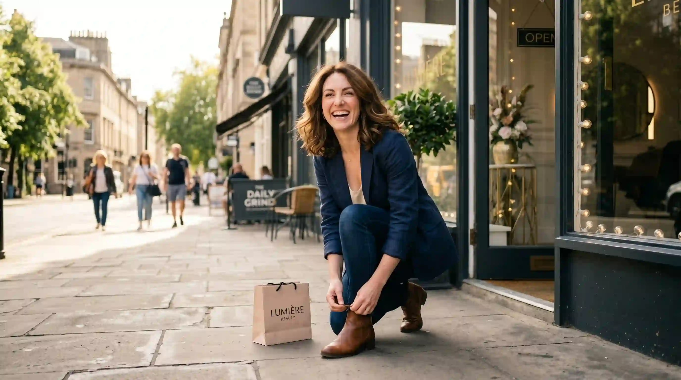 A woman laughing joyfully while kneeling down to tie her shoelace on a city sidewalk.