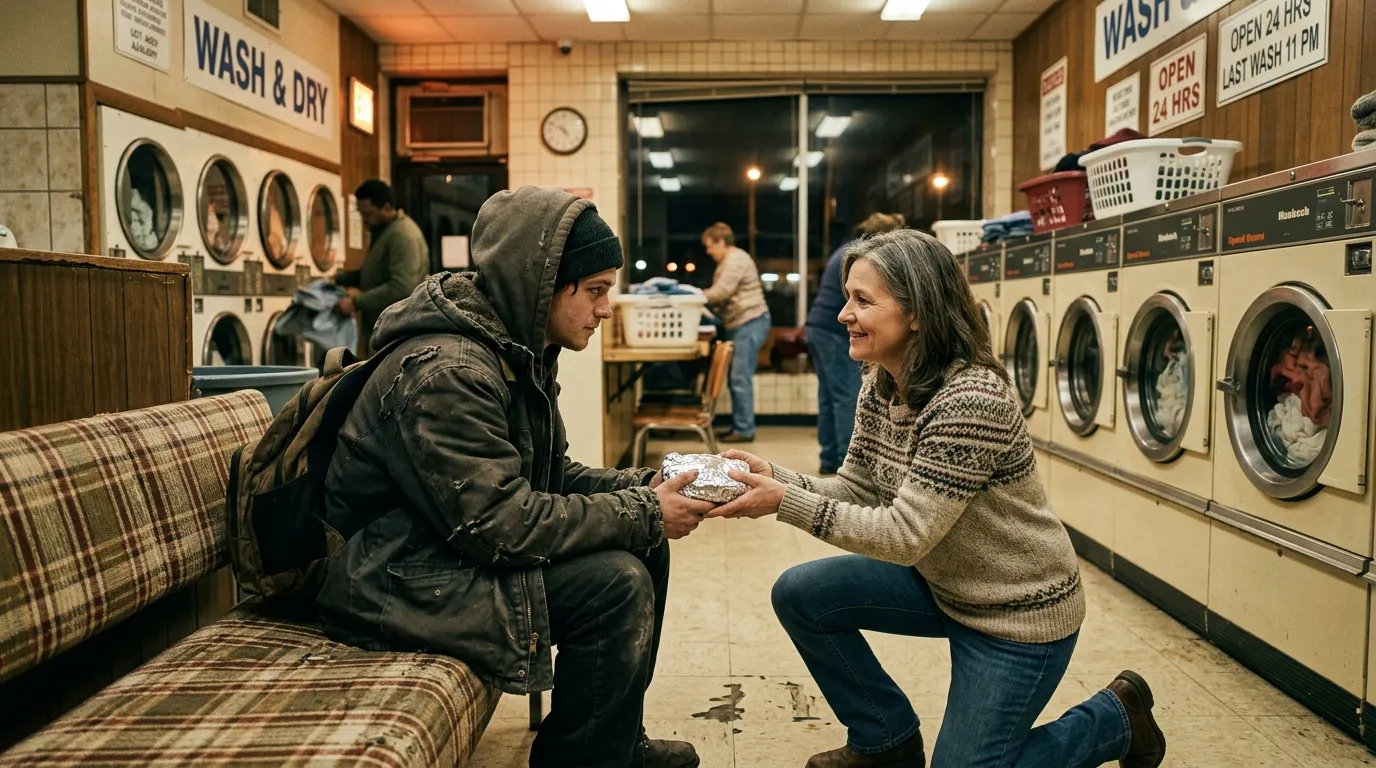 A kind woman kneeling in a brightly lit laundromat to offer a warm meal to a young man in a worn coat.