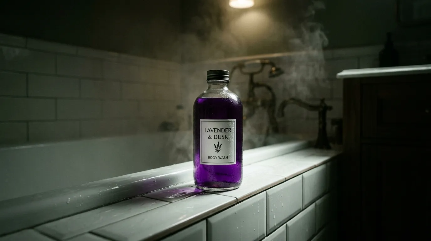 A bottle of purple lavender body wash sitting in a steamy bathroom