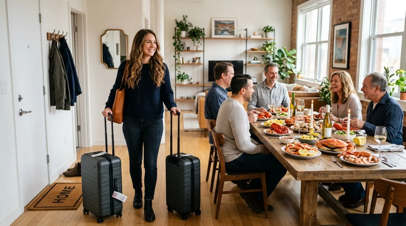 Lavish seafood feast in an apartment viewed by an exhausted woman