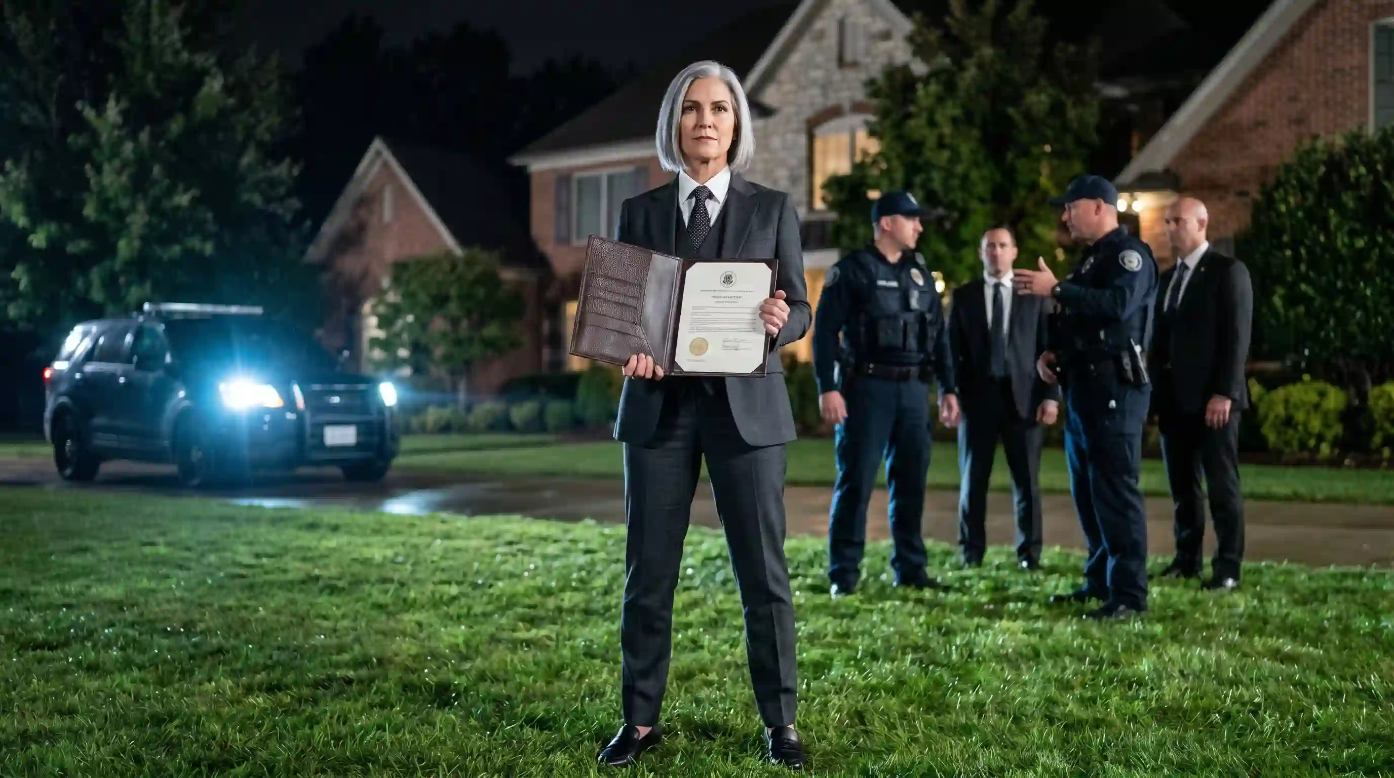 Illustration of a sharp female attorney standing authoritatively in a candlelit garden with police