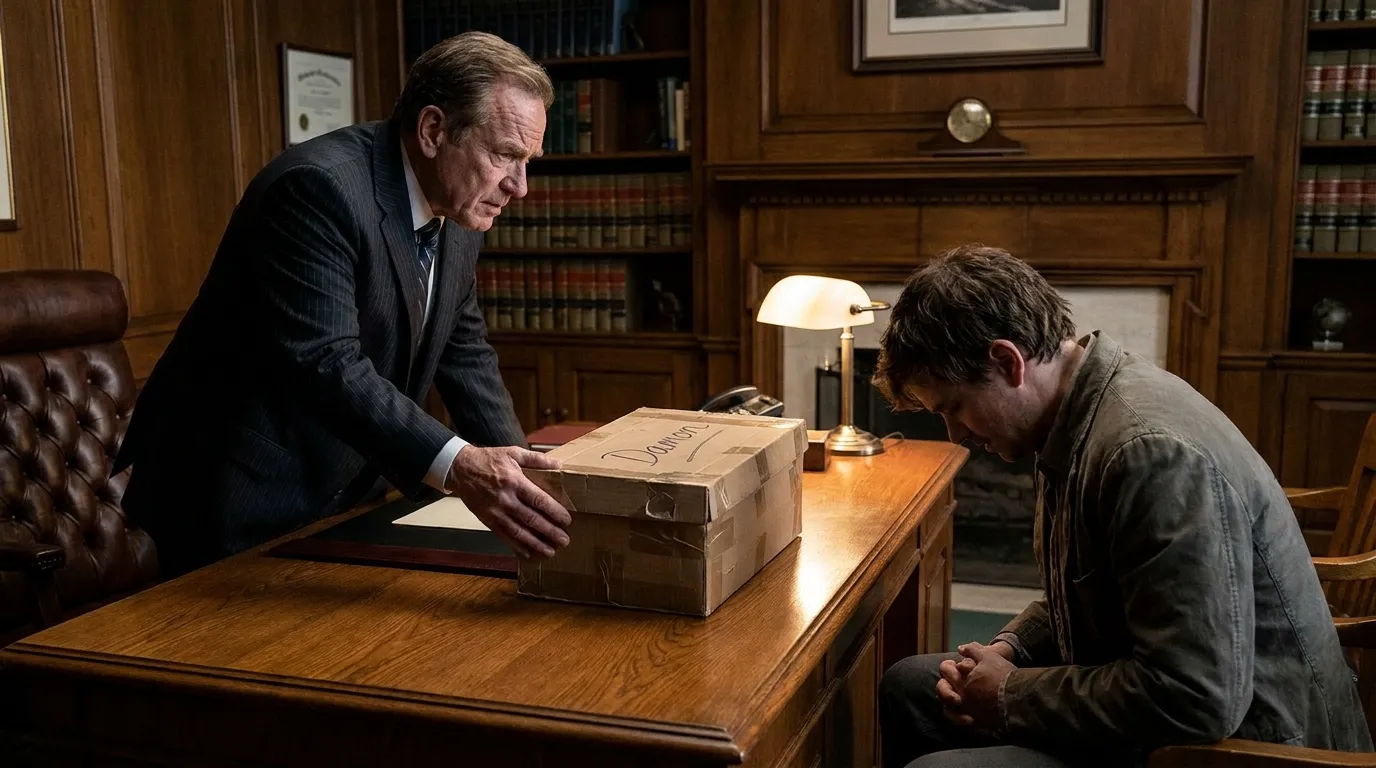 A stern lawyer sliding a worn cardboard shoebox across a desk.