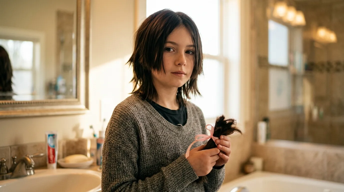 Thoughtful 11-year-old girl holding her unevenly cut hair tied with a ribbon in a bathroom