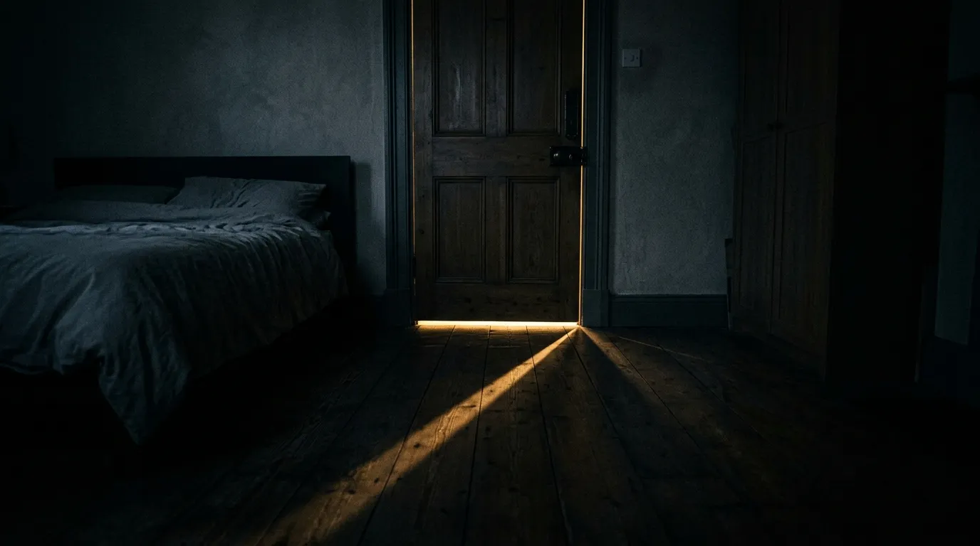 A dark bedroom with a narrow sliver of light glowing ominously from under a closed door.