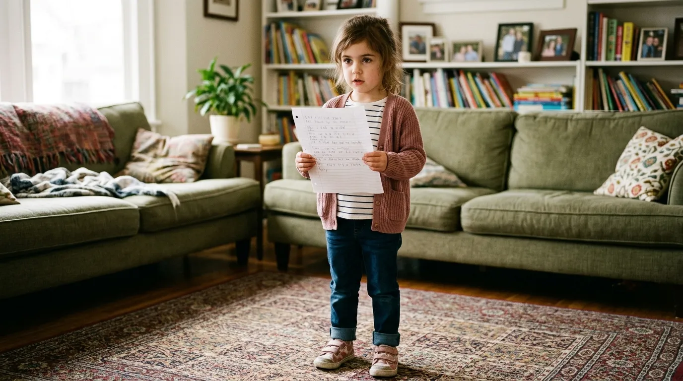 A 6-year-old girl practicing a poem in her living room