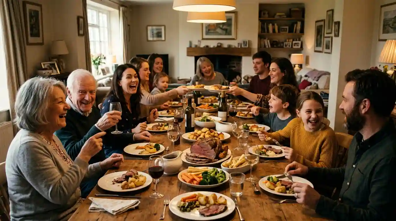 A lively extended family gathered around a dining table enjoying a large meal.
