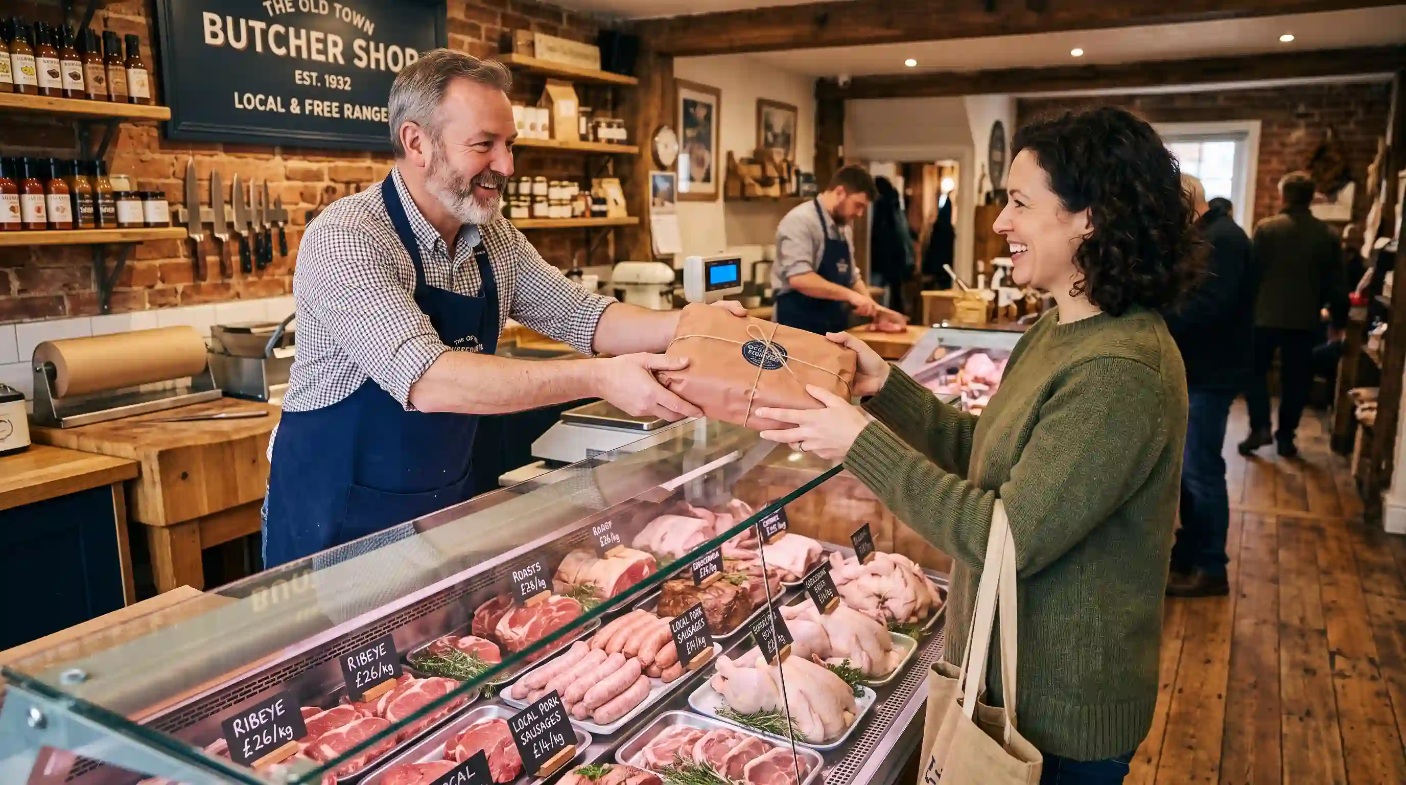 A friendly butcher handing a fresh package of meat to a customer across a glass display counter.