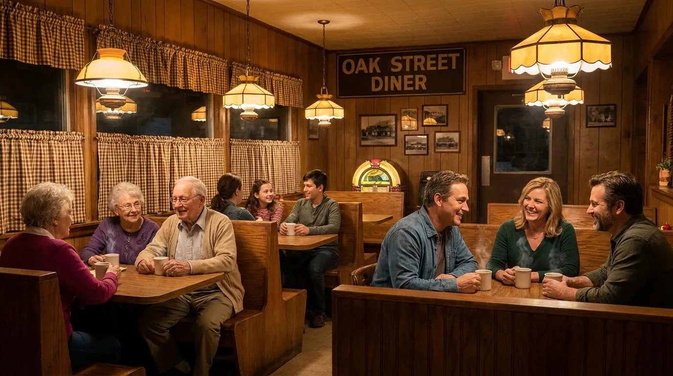 Townspeople sitting quietly in a warm, cozy local diner